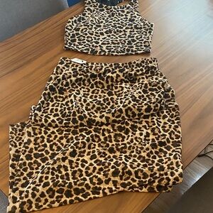 Fashion Nova Leopard Print Crop Top & Skirt Set - Tan, Black